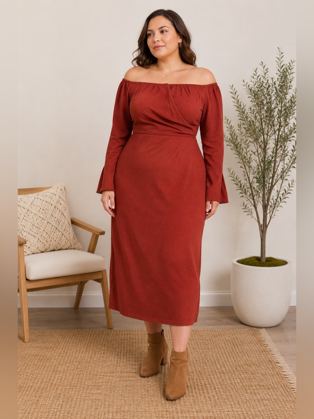 NWT Size 18 Rust Off Shoulder Bell Sleeve Midi Dress